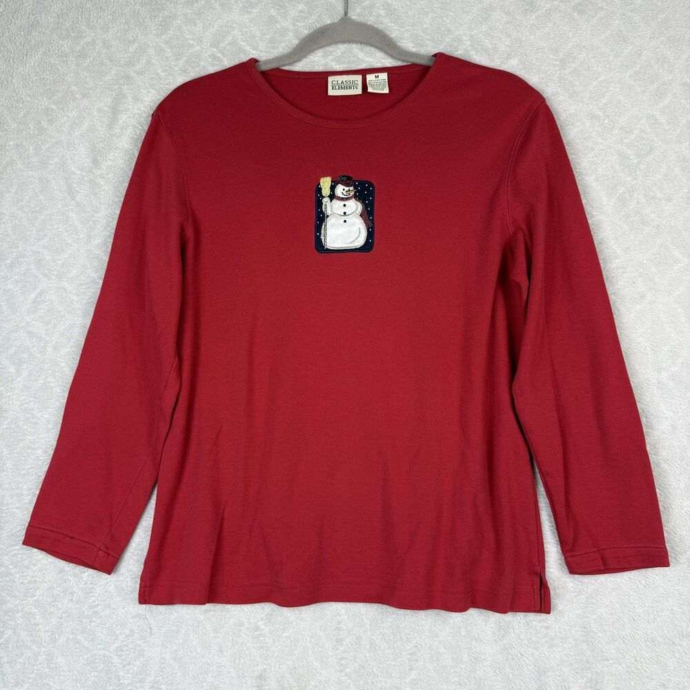 Vtg Christmas Long Sleeve Shirt Women Medium Red Snowman Embroidered Holiday 90s